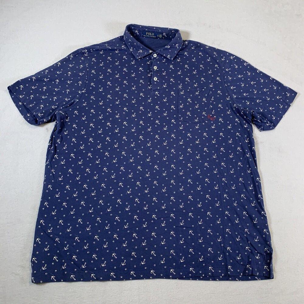 Polo Ralph Lauren Shirt‎ Mens XL Blue Short Sleeve Classic Fit Anchor AOP R67